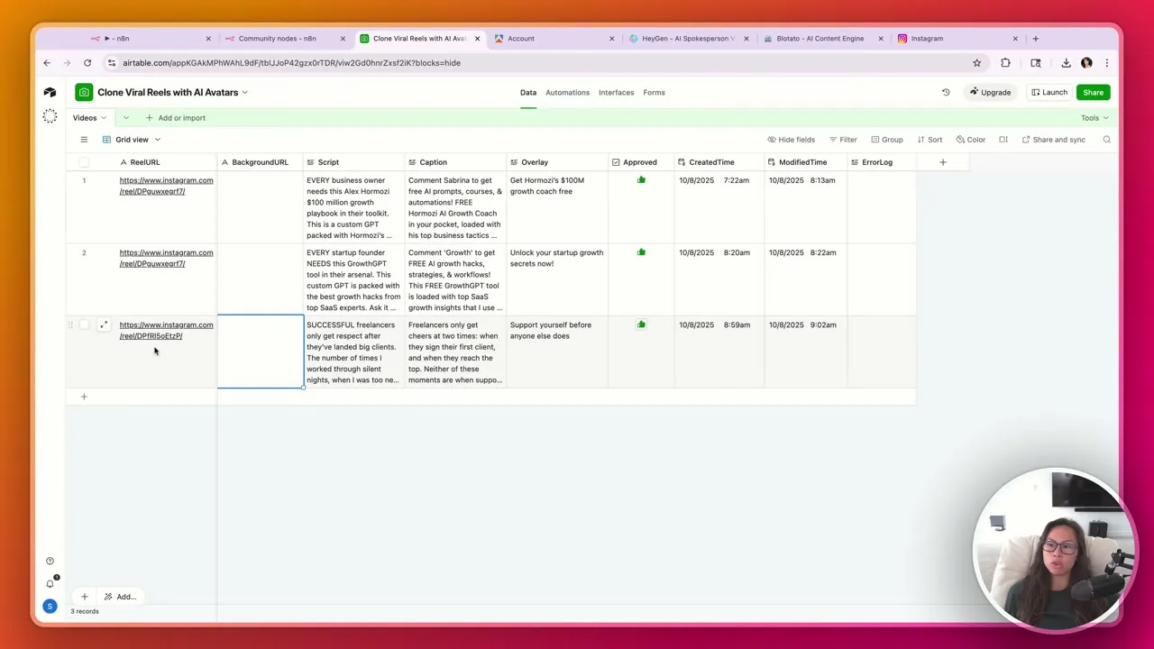 Airtable showing multiple approved Reels ready for publishing.