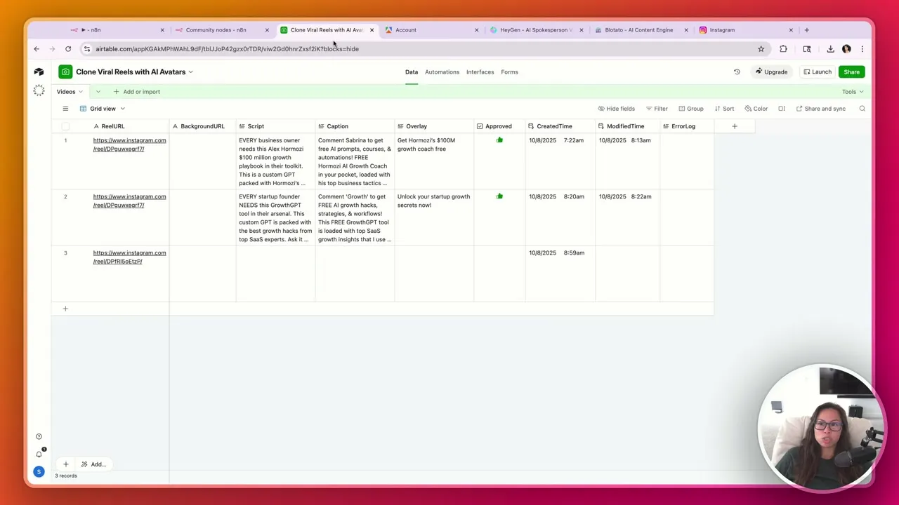 Airtable showing generated scripts, captions, and overlays from cloned Reels.