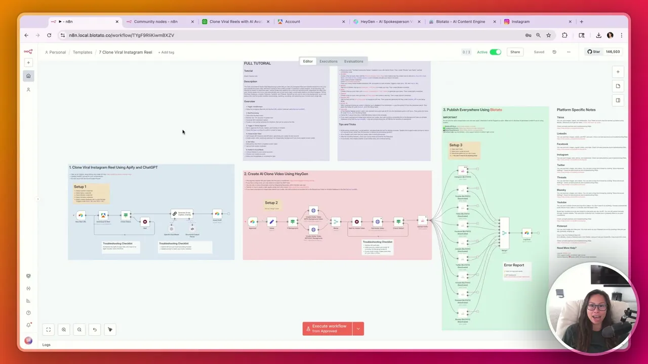 Full n8n workflow overview showing all three phases of the Instagram Reels automation.