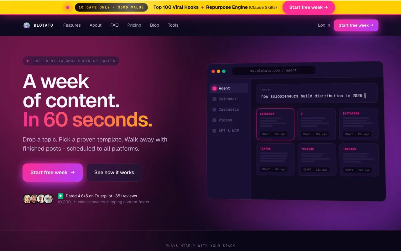 AI tools for faceless content, Blotato homepage showing one topic scheduled to nine platforms