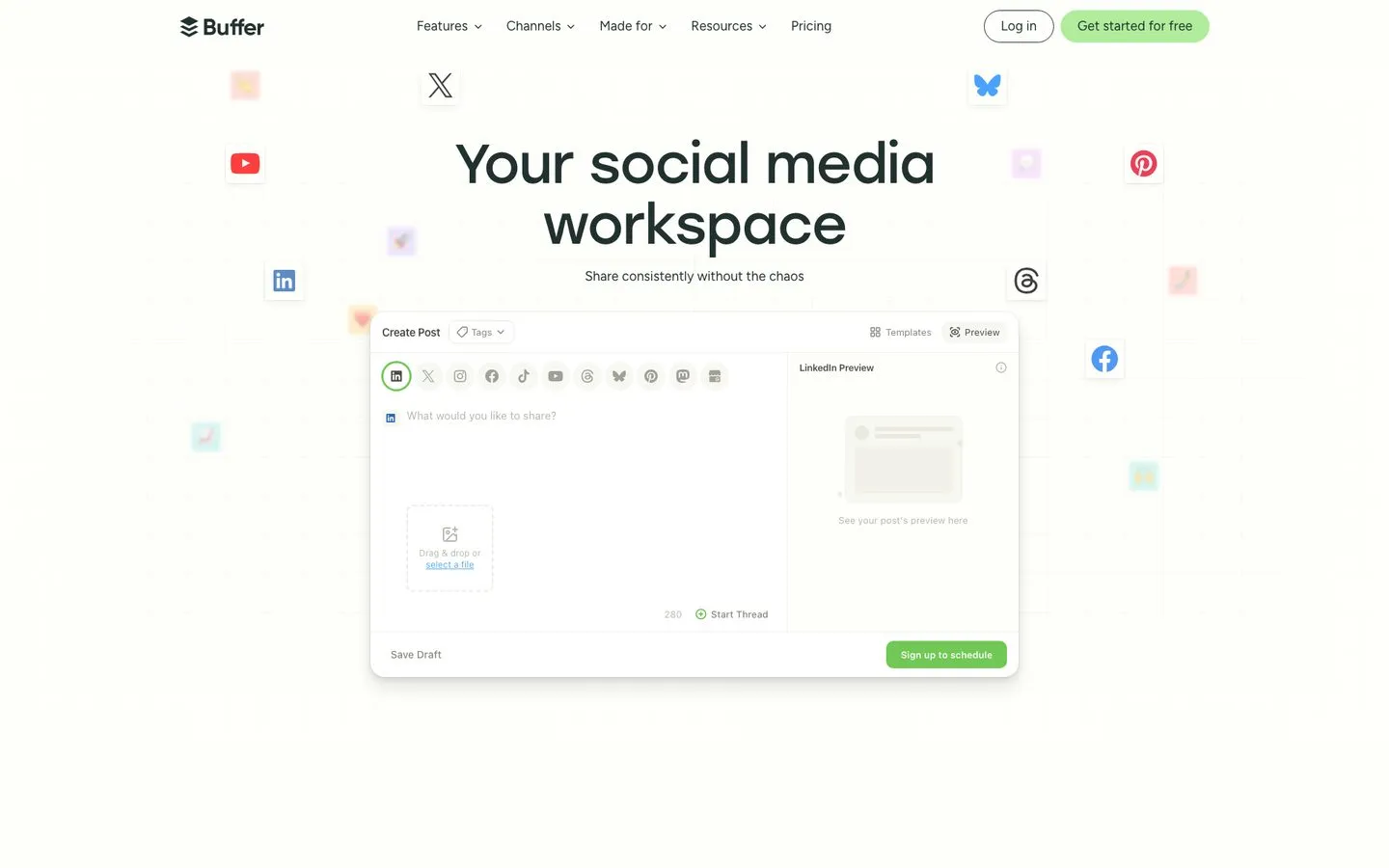 Buffer homepage showing social media scheduling and automation features