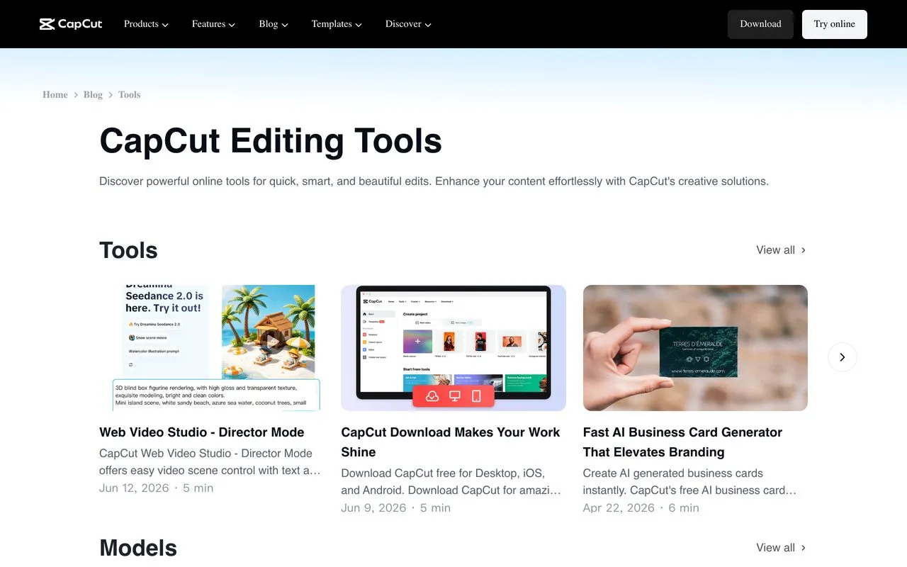 CapCut tools page for free faceless video editing with auto-captions