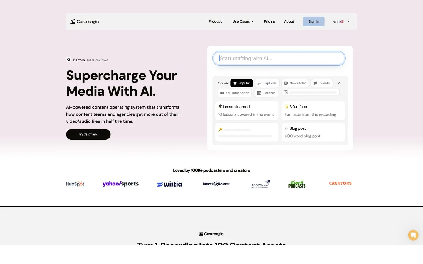 AI content repurposing tools - Castmagic AI generating show notes, blog posts, captions, and tweets from one podcast recording