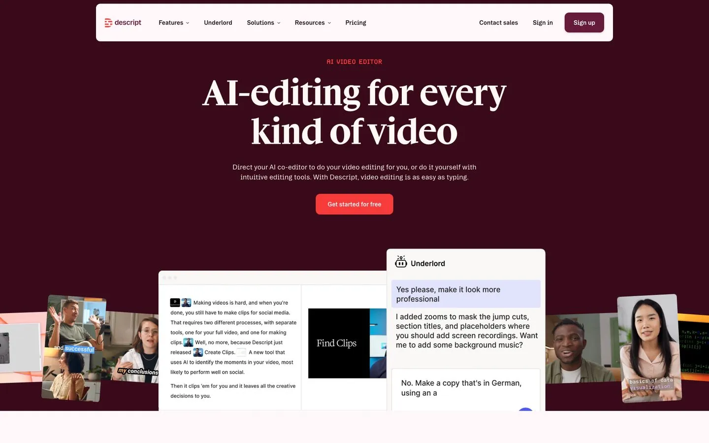 AI content repurposing tools - Descript Underlord AI co-editor adding zooms, jump cuts, and B-roll automatically