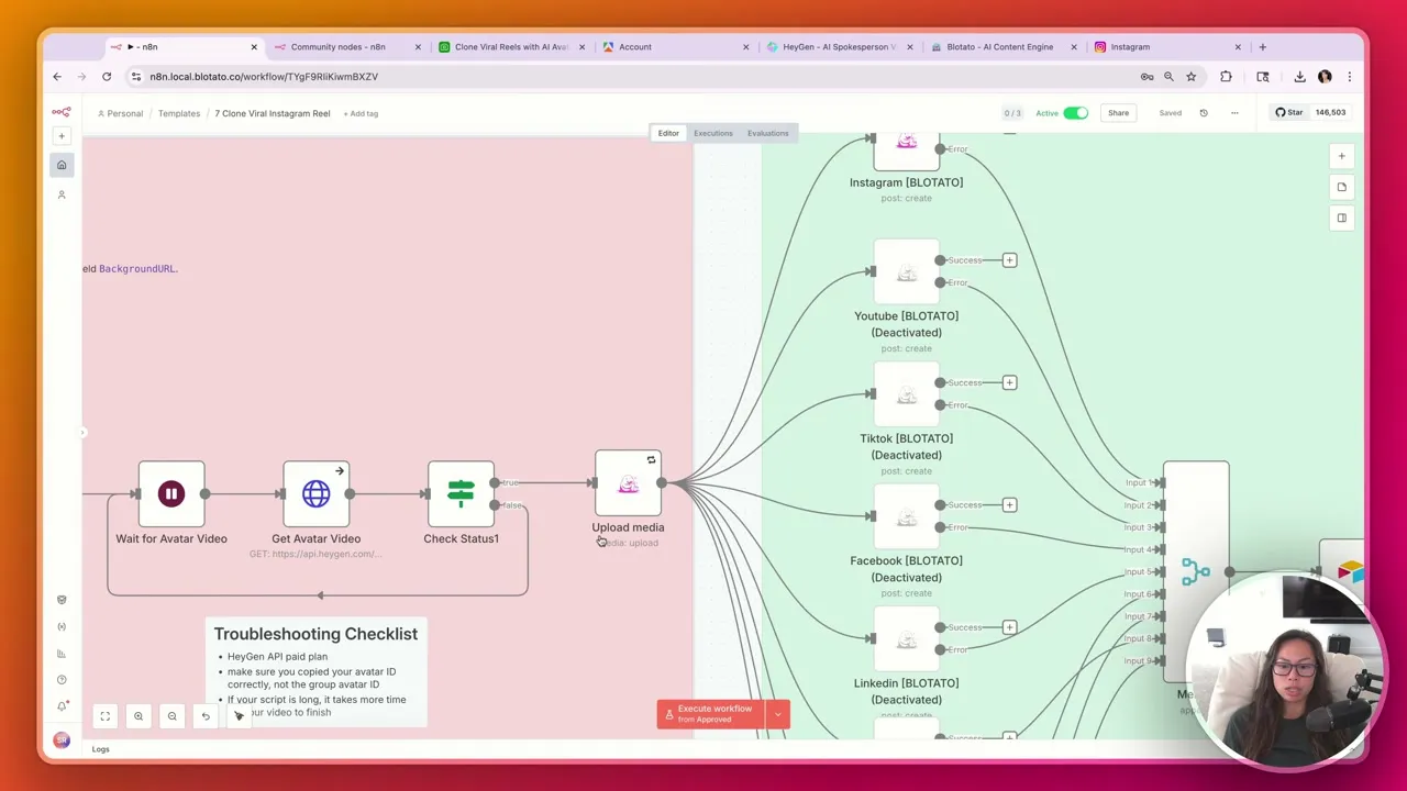 n8n workflow showing HeyGen avatar video generation and Blotato publishing nodes.