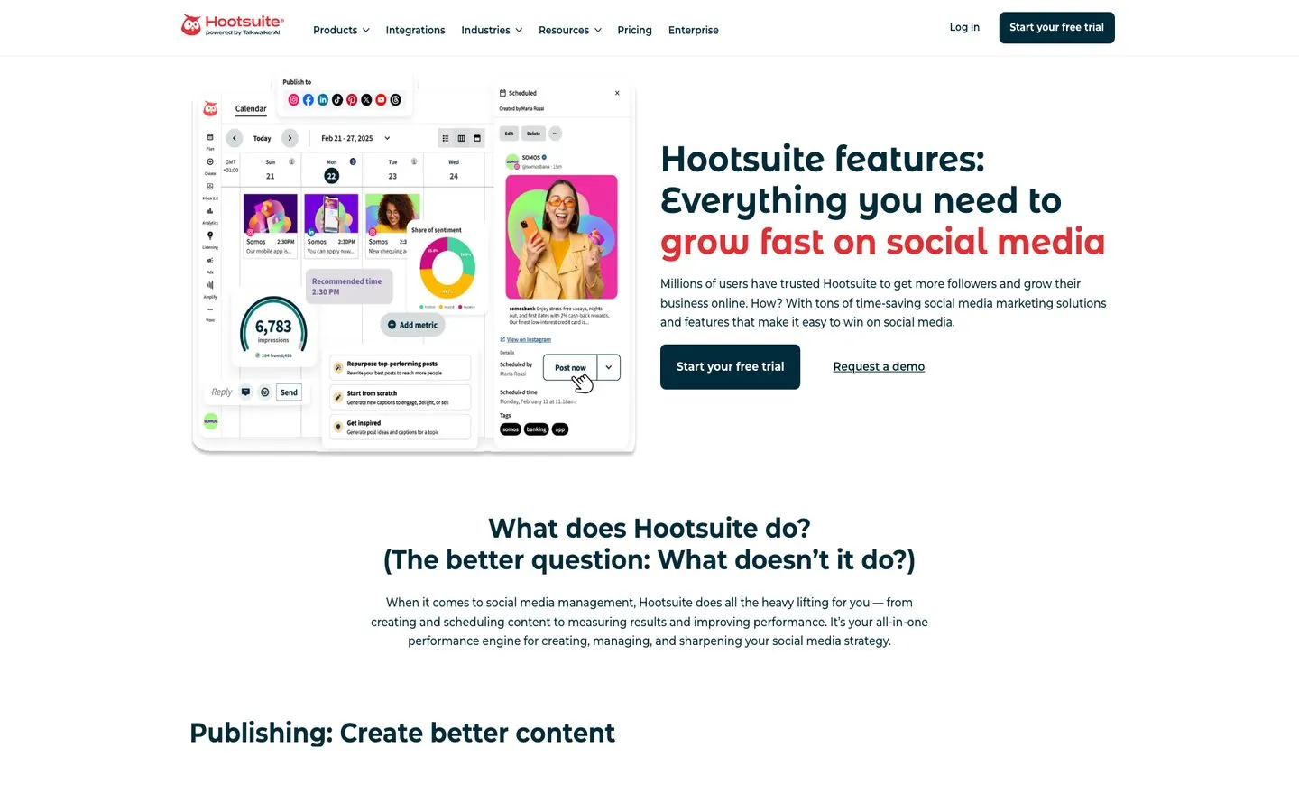 Hootsuite product platform page showing the unified social media management dashboard