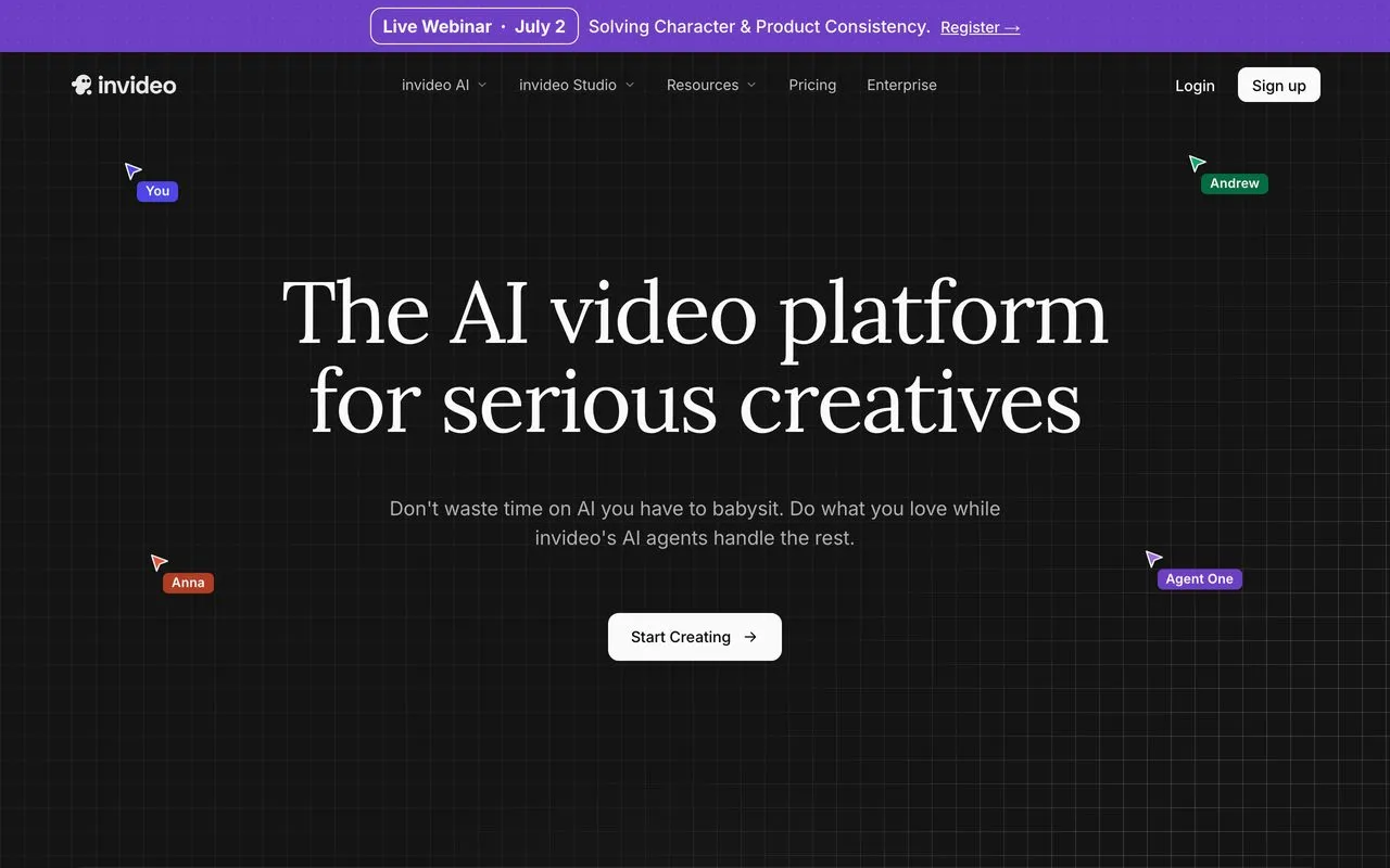 InVideo AI homepage, prompt-to-video generation for faceless content