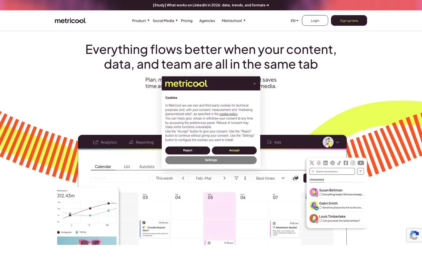 Metricool homepage showing social media analytics and scheduling automation