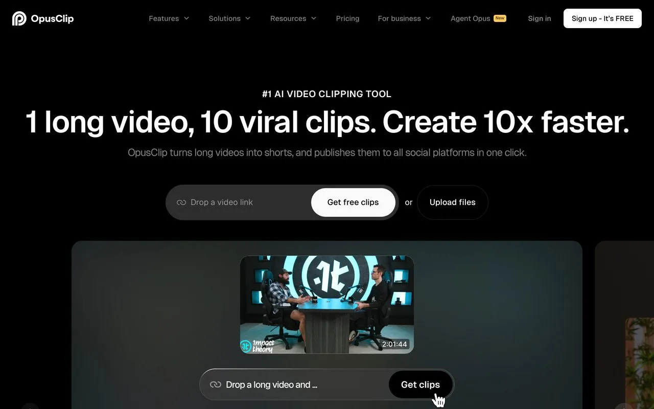Opus Clip homepage for auto-clipping long video into faceless shorts