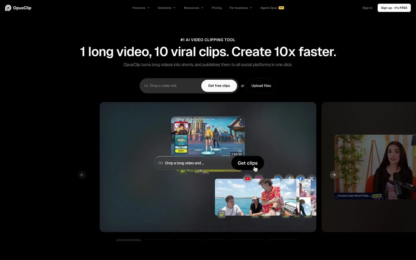 AI content repurposing tools - Opus Clip turning one long video into 10 viral clips for TikTok and Reels