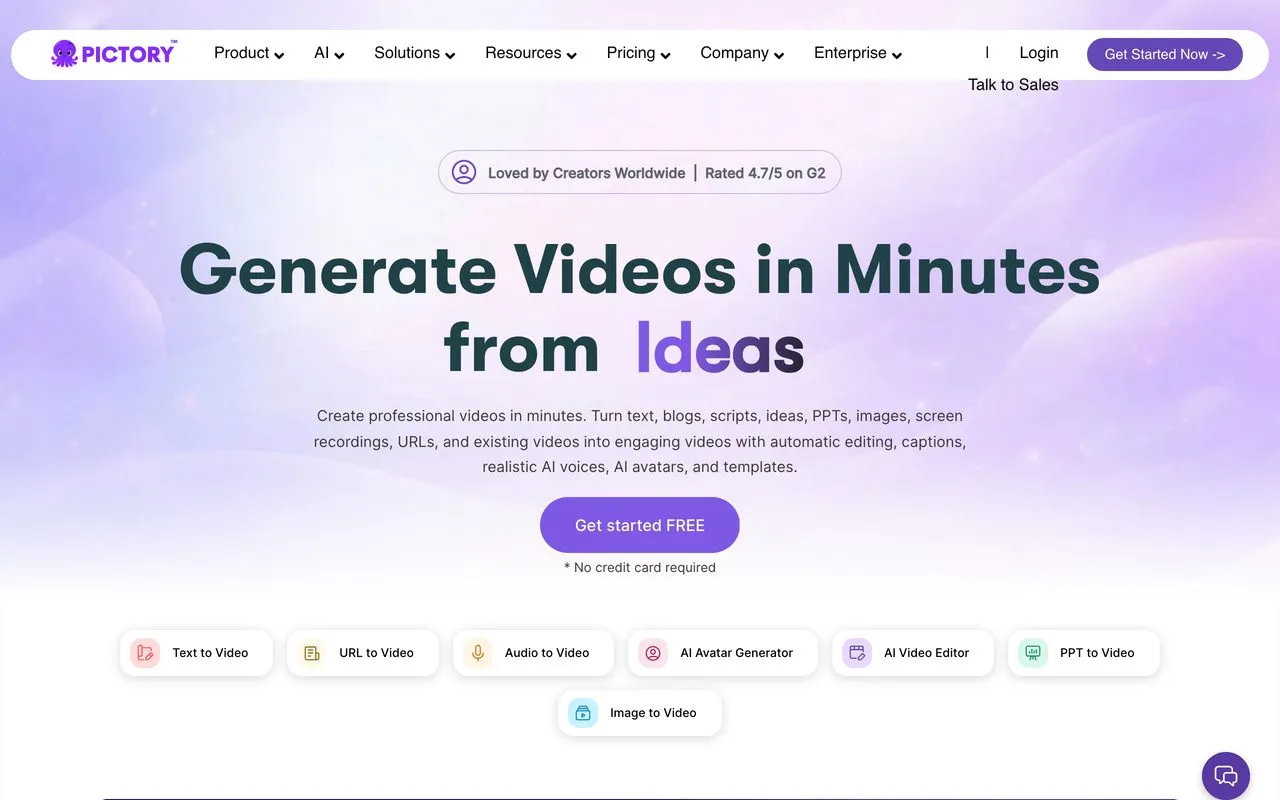 Pictory homepage showing text, blog, and audio to video for faceless content