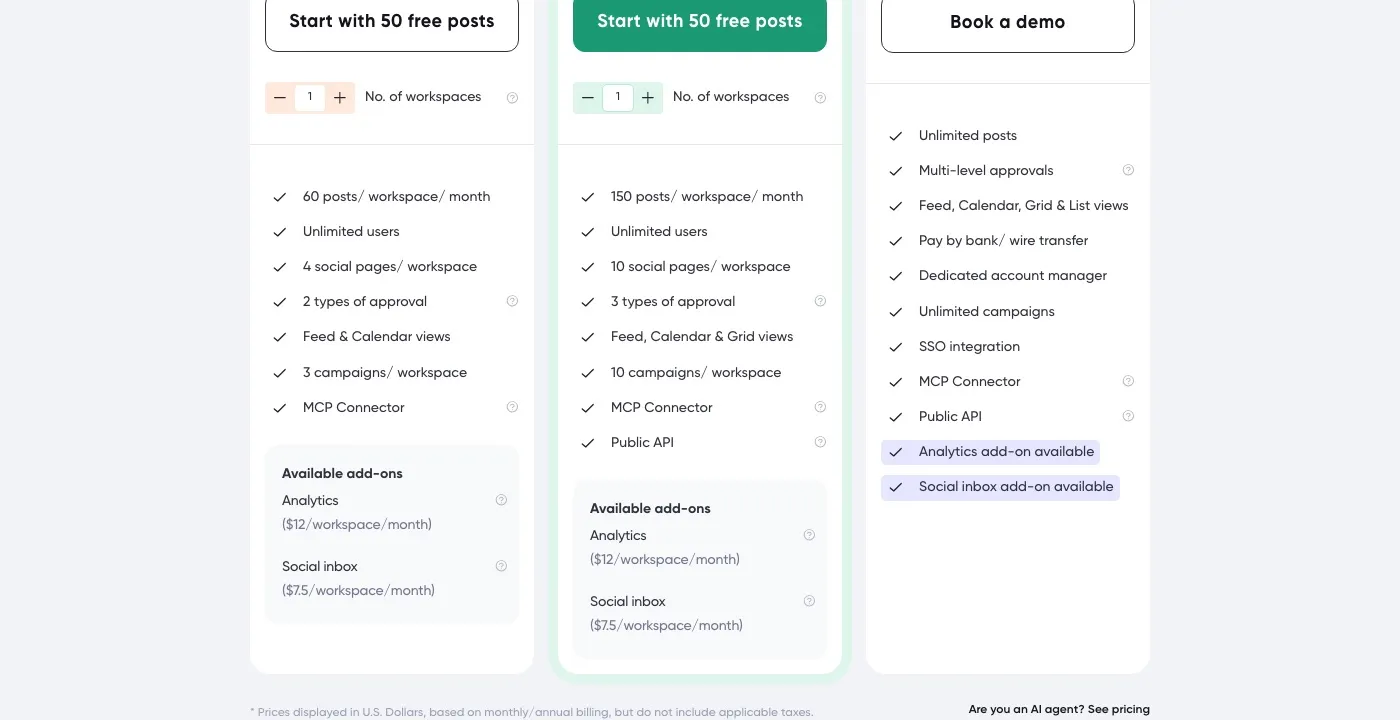 Planable pricing page showing the Analytics add-on at $12 per workspace per month and Social inbox at $7.50 on the plan cards, against $14 and $9 in the agent-readable rate card linked from "Are you an AI agent? See pricing"