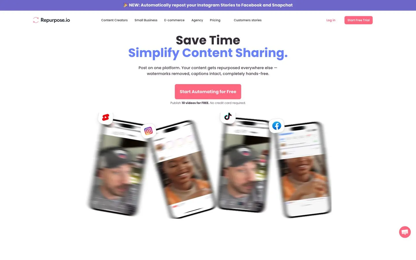 AI content repurposing tools - Repurpose.io homepage showing video being shared across Instagram, TikTok, YouTube, and Facebook automatically