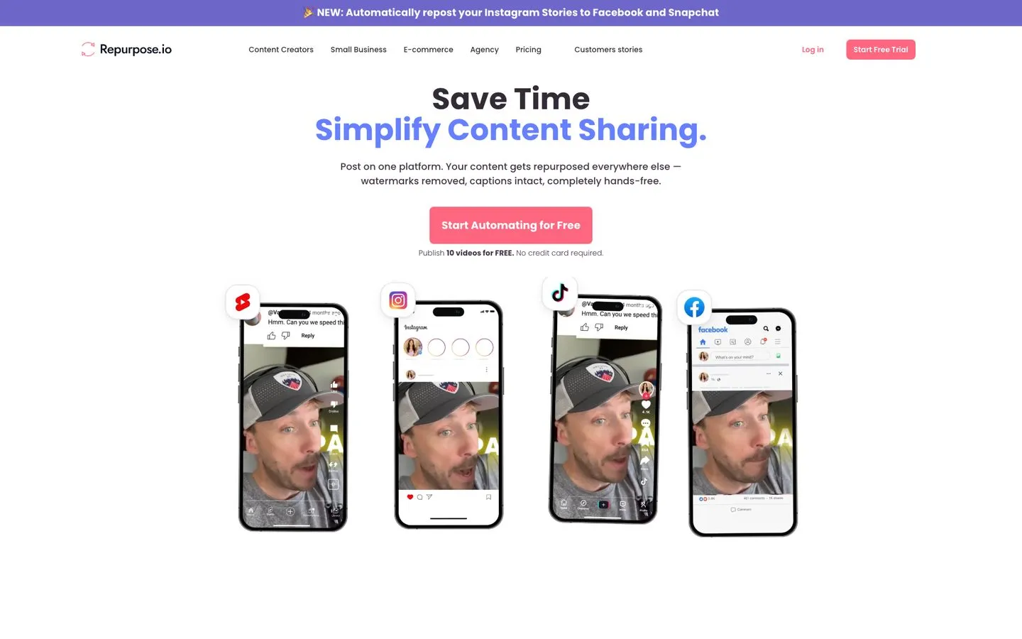 Repurpose.io homepage showing automated content repurposing across social platforms
