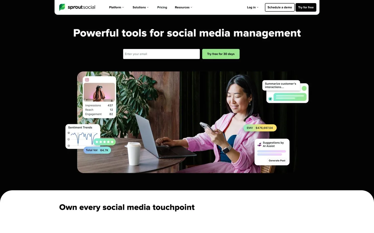 Sprout Social homepage showing enterprise analytics and social media management