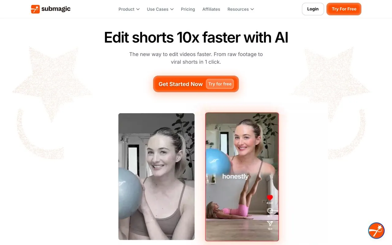Submagic homepage for AI captions and B-roll on faceless short-form video