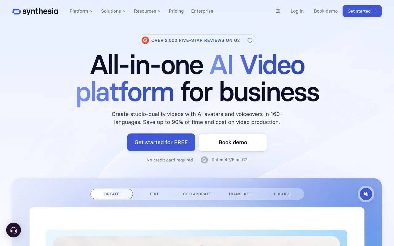 Synthesia pricing page for multilingual AI avatar explainer video