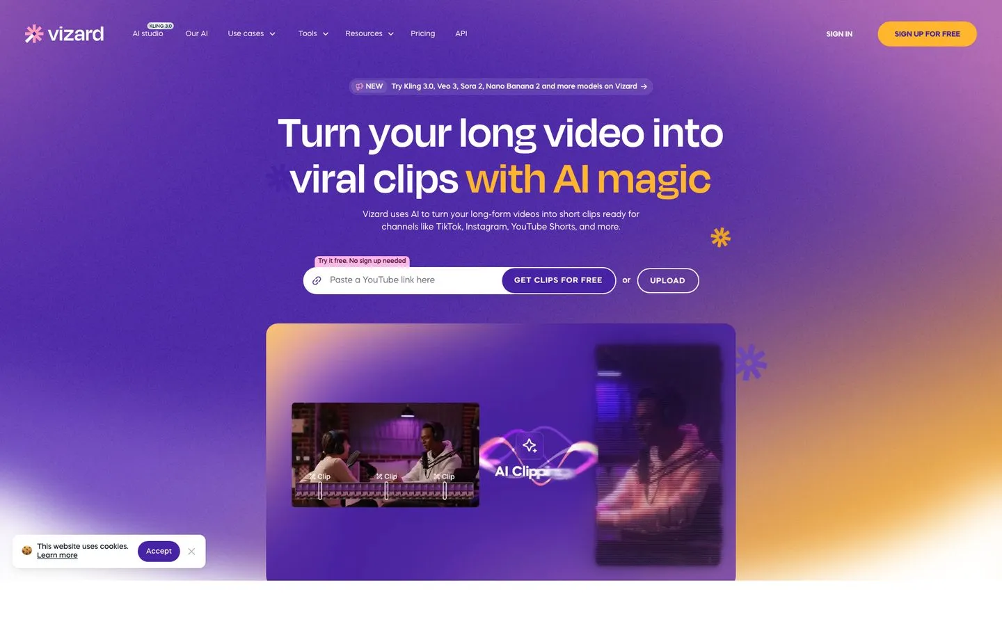 AI content repurposing tools - Vizard AI clipper turning a long video into viral short clips for TikTok and Reels